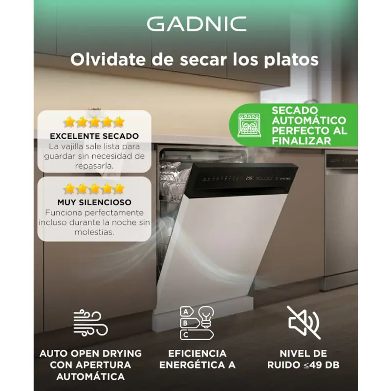 Lavavajillas Slim Gadnic 10 Cubiertos Auto Open Panel Táctil 8 Programas Eficiencia A