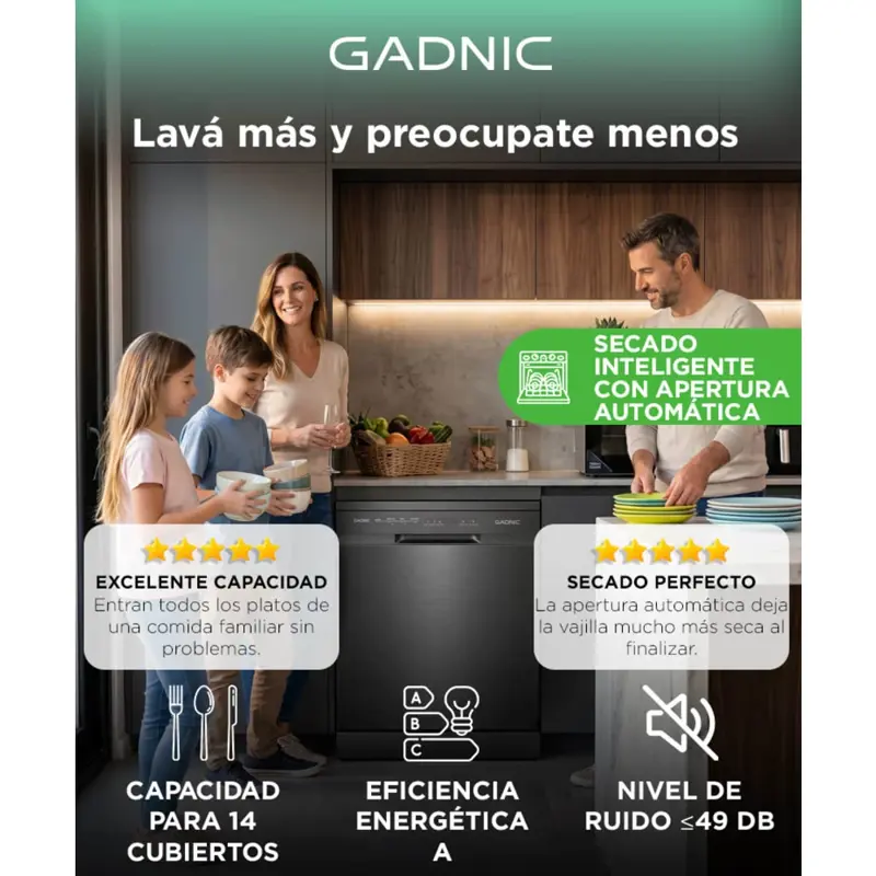 Lavavajillas Gadnic 14 Cubiertos Empotrable Dark Inox 8 Programas Apertura Automatica