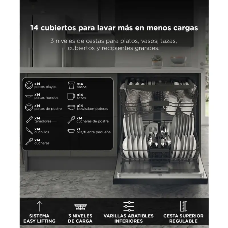 Lavavajillas Gadnic 14 Cubiertos Empotrable Dark Inox 8 Programas Apertura Automatica