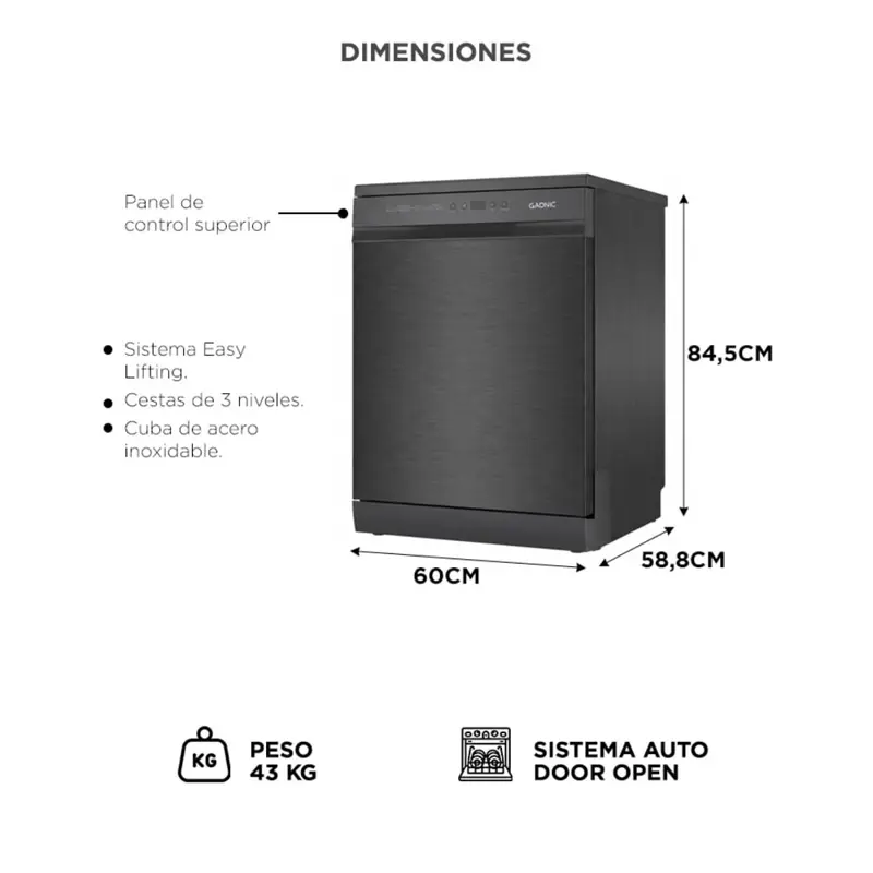 Lavavajillas Gadnic 14 Cubiertos Empotrable Dark Inox 8 Programas Apertura Automatica