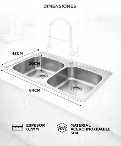Bacha Doble Cocina Rieti By Gadnic 84cm Acero Inoxidable