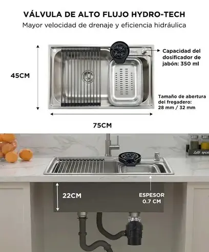 Bacha de Cocina Inteligente Rieti by Gadnic 75 cm Set Completo Acero Inoxidable 304