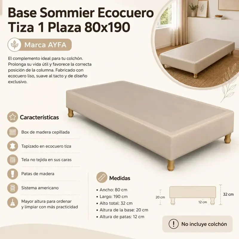 Base Sommier Ecocuero Tiza 1 Plaza 80x190 Patas Madera