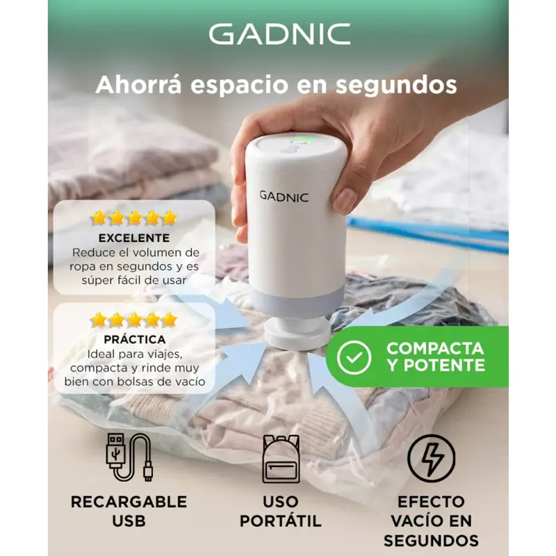 Bomba de Vacio Gadnic 20W Succion Electrica 3700 Pa Bolsas Inflables USB