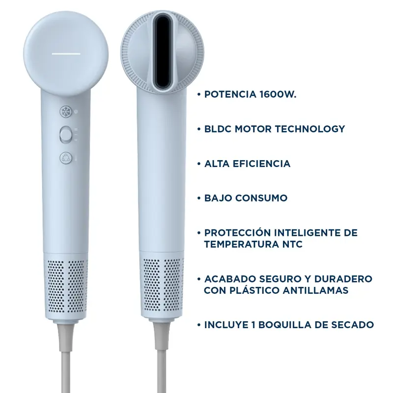Secador De Pelo Glammy iON 1600w Motor BLDC Bajo Consumo Celeste
