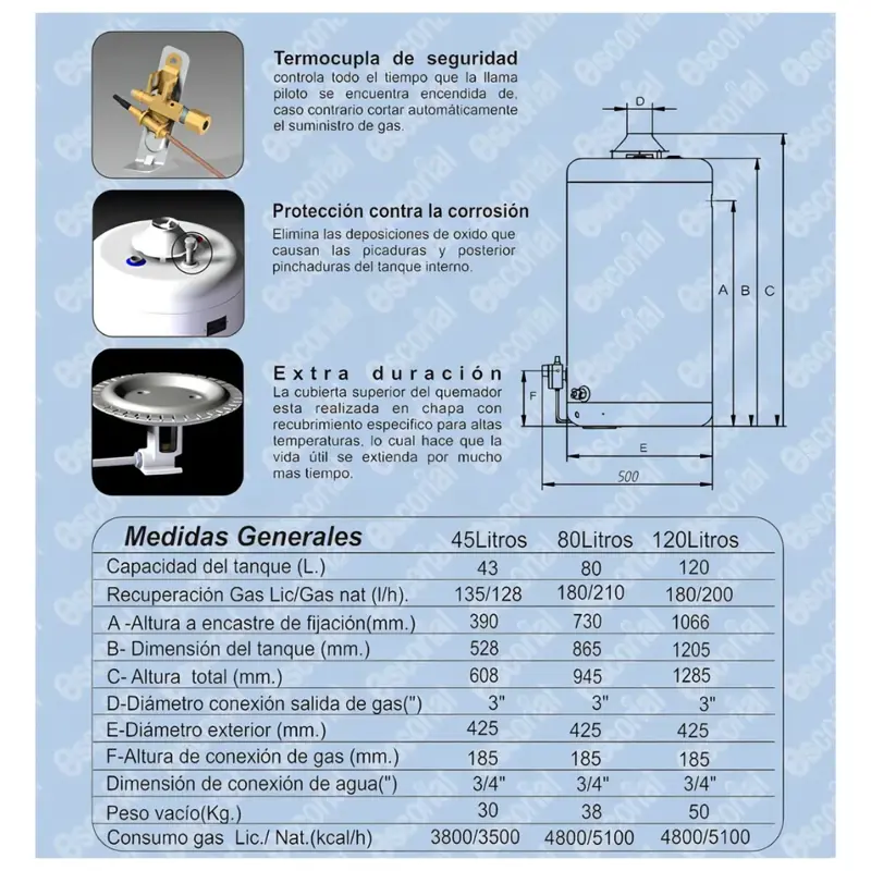 termotanque escorial 45 lts multigas carga superior color blanco