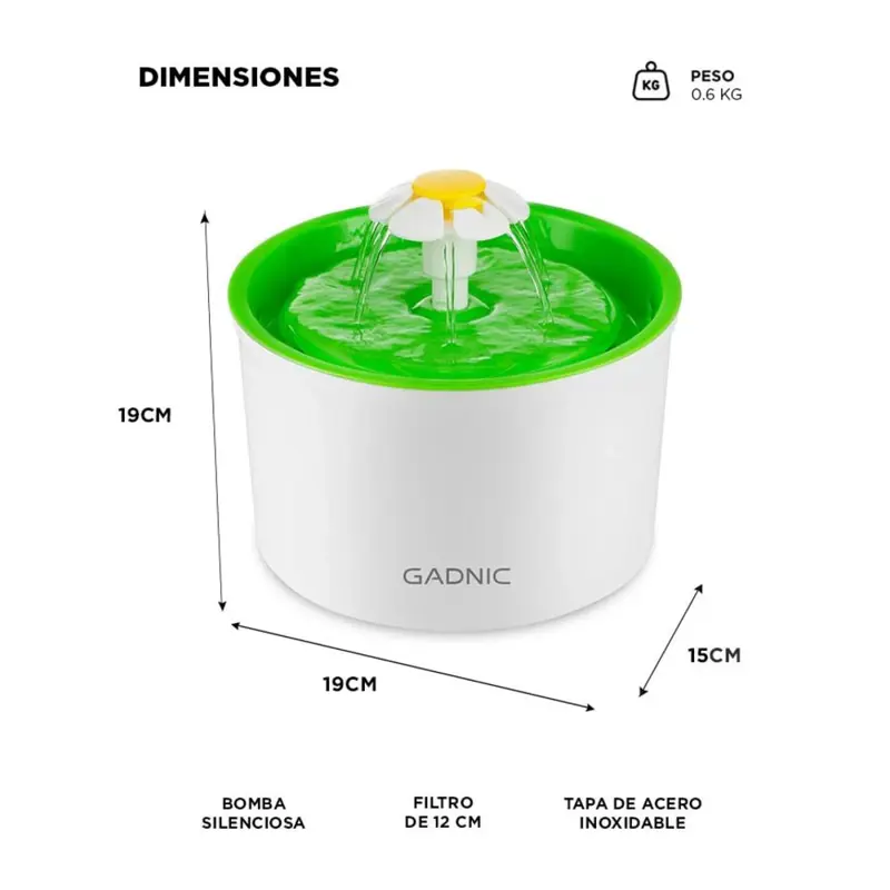 Fuente De Agua Recirculante Gadnic PB2000 Para Perros Y Gatos Acero Inoxidable 1.6L