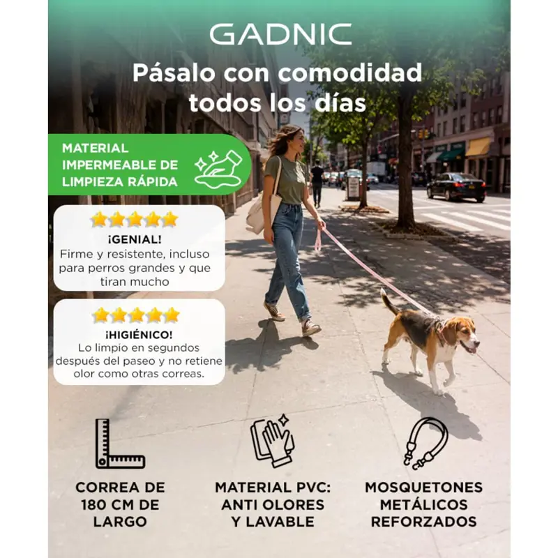 Correa Para Perro Gris Gadnic 180 Cm PVC Impermeable Anti Olor Con Mosquetón