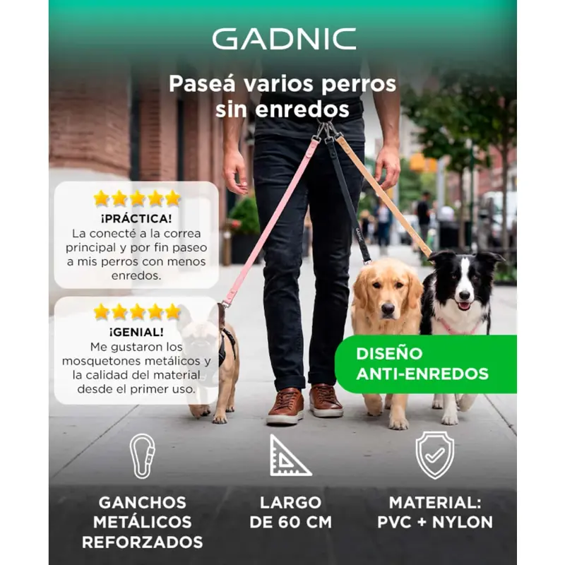 Correa Extensora Antienredos Rosa Gadnic 60 Cm PVC Nylon Ganchos Metálicos Reforzados