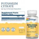 Suplemento de citrato de potasio Solaray 99 mg, 60 cápsulas vegetales