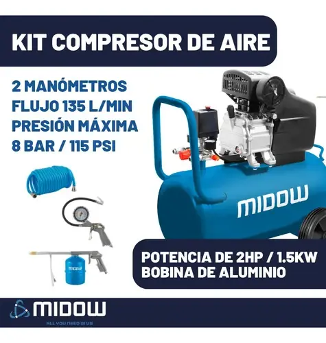 Compresor De Aire 40 Lts Midow Frecuencia 50hz + Accesorios Celeste 50