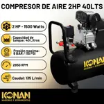 Compresor De Aire Con Kit Konan 40 Lts 2hp 8 Bar 135 L/min Negro 50 Hz Monofásica