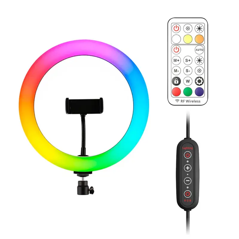 Aro De Luz Gadnic RGB 10W 2700 6500K 26 Modos Con Control Remoto RF + Mando En Cable