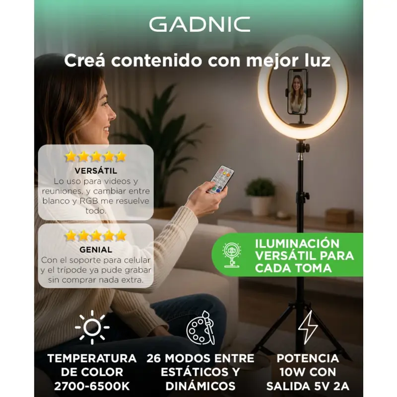 Aro De Luz Gadnic RGB 10W 2700 6500K 26 Modos Con Control Remoto RF + Mando En Cable