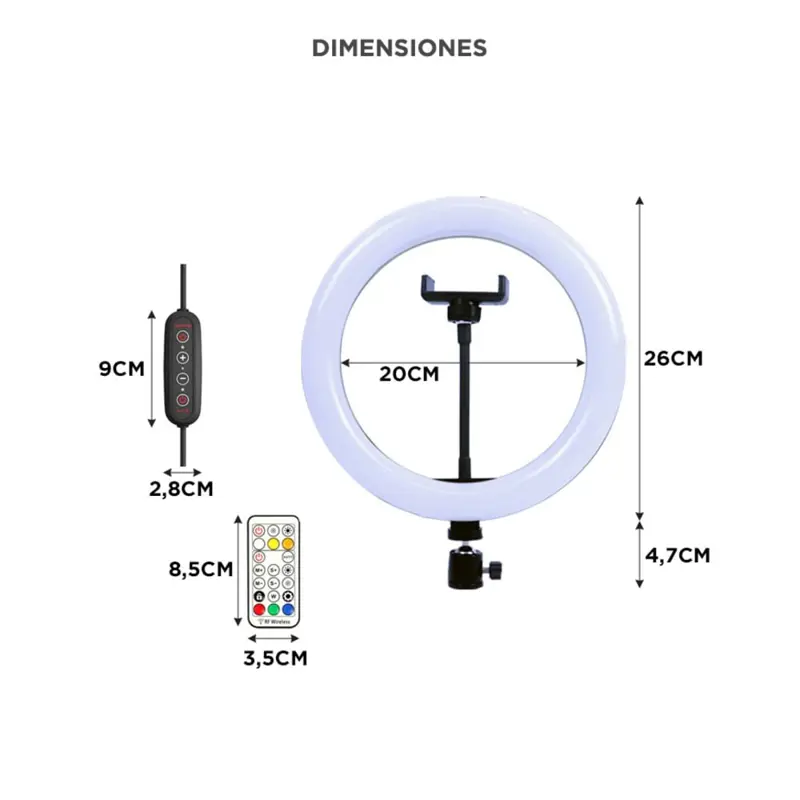 Aro De Luz Gadnic RGB 10W 2700 6500K 26 Modos Con Control Remoto RF + Mando En Cable