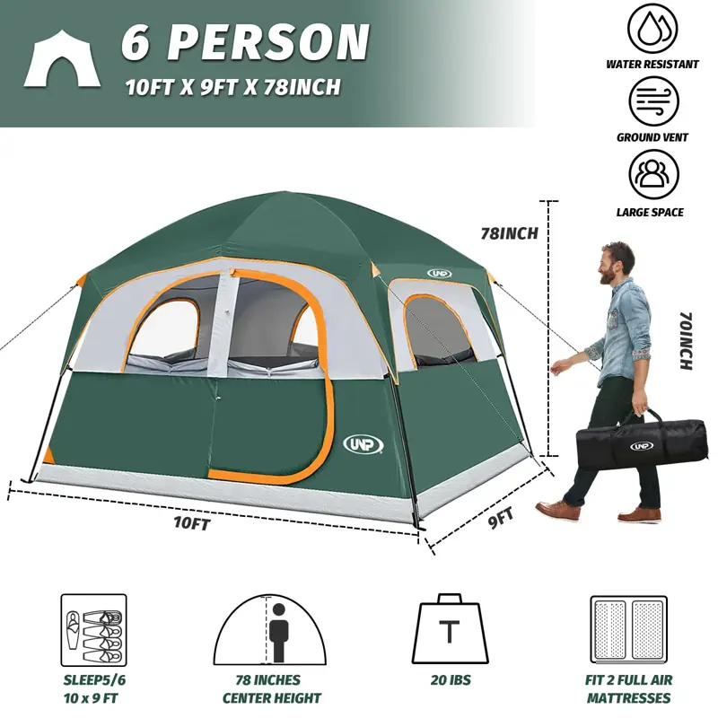 Carpa Camping UNP 6 Personas Impermeable con Soportal Fácil
