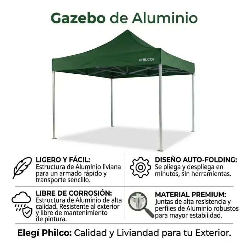 Gazebo Philco Autoarmable Aluminio 3x3 m Verde GAP3X3GA NS