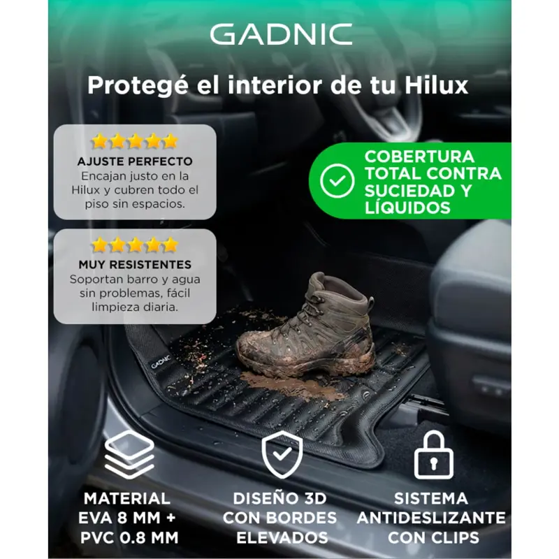 Alfombras 3D Para Toyota Hilux 2016 En Adelante EVA 8 mm PVC 0.8 mm Juego Completo 3 Piezas