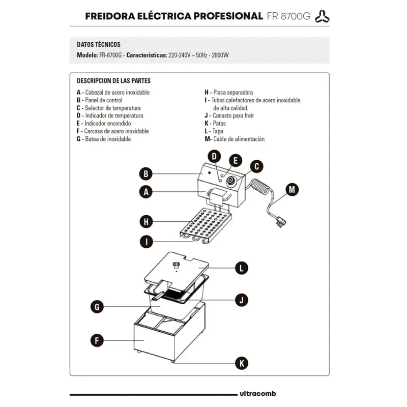 Freidora Eléctrica Profesional 8l Ultracomb Fr 8700g