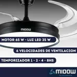 Ventilador De Techo Retractil Midow 1220mm Luz 3 Modos 6 Vel
