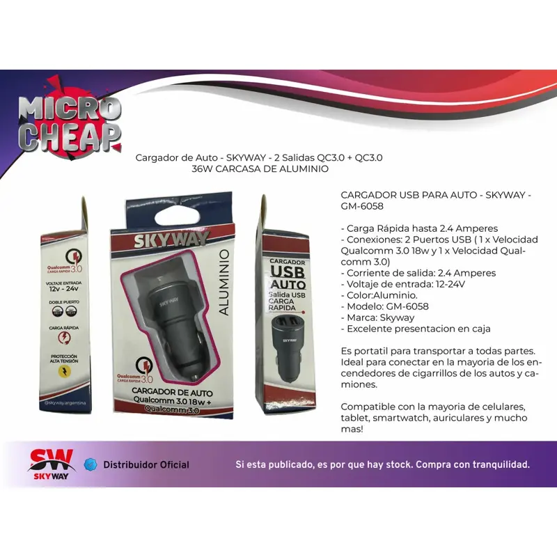 Cargador de Auto 2 Salidas Qc3.0 + Qc3.0 36W Carcasa