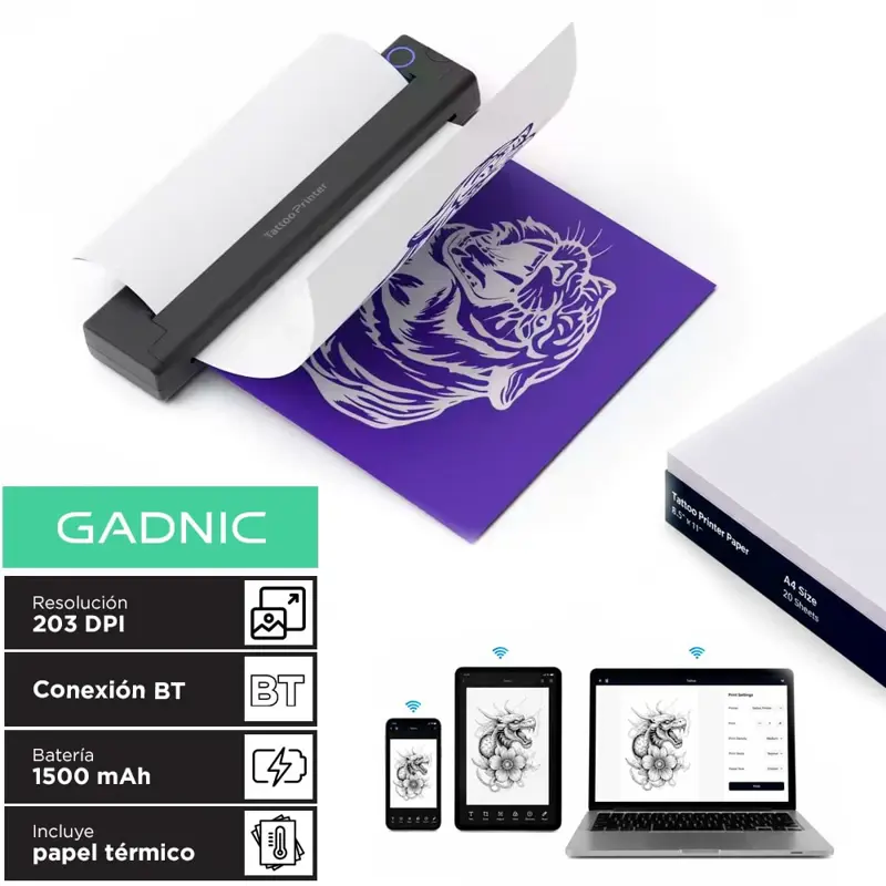 Impresora De Tatuajes Portatil Gadnic Impresion Termica 203 DPI BT Y Cable Bateria 1500 mAh