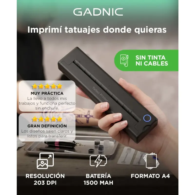 Impresora De Tatuajes Portatil Gadnic Impresion Termica 203 DPI BT Y Cable Bateria 1500 mAh