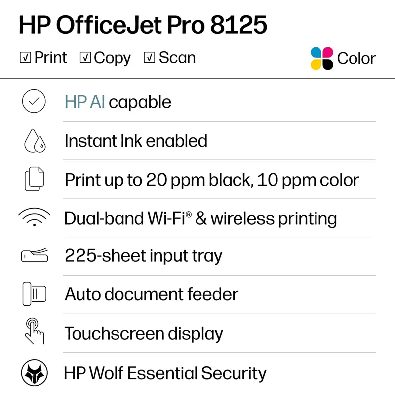 Impresora Multifunción HP OfficeJet Pro 8125 C2VJ4A Wi Fi Dúplex ADF Inyección de Tinta a Color