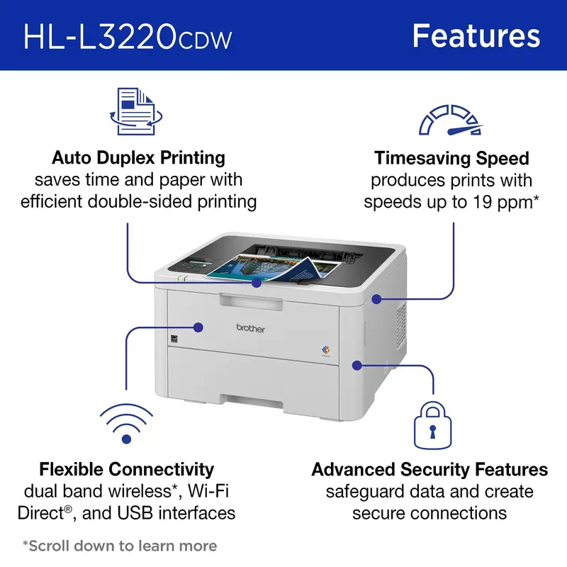 Impresora Laser Brother HL L3220CDW 19 PPM Duplex Hoja 250
