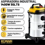 Aspiradora Industrial Konan 1400W 30Lts + Función Sopladora