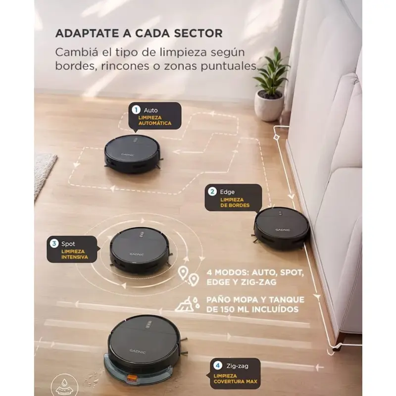 Aspiradora Robot Gadnic Con App Y Control Por Voz 1000 Pa 4 Modos Tanque 150 Ml Depósito 400 Ml