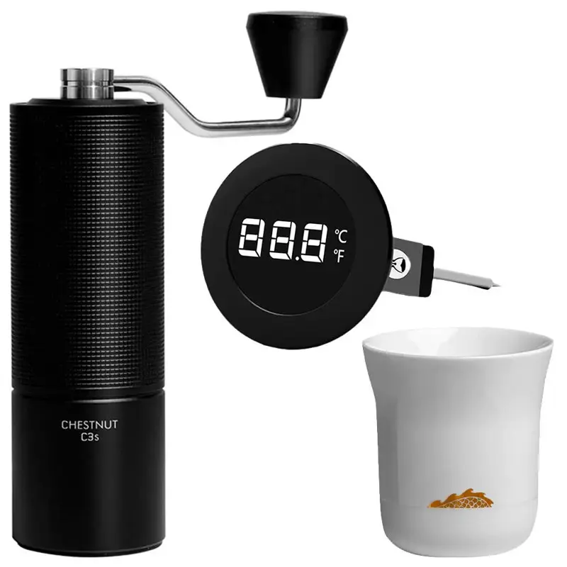 Kit De Molinillo Negro + Taza Y Termómetro Time More Barista