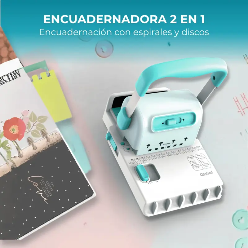Encuadernadora Manual 2 En 1 Discos Y Doble Wire 15 Hojas Turquesa Global
