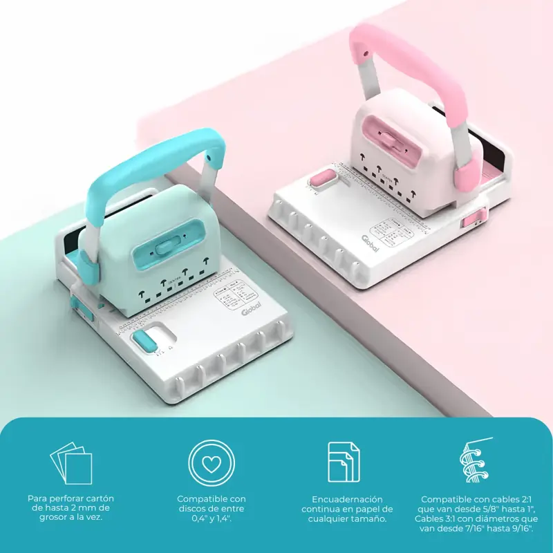 Encuadernadora Manual 2 En 1 Discos Y Doble Wire 15 Hojas Rosa Global