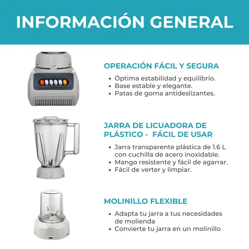 Licuadora y Procesadora 1.5L 500W 4 Velocidades Jarra Plástica