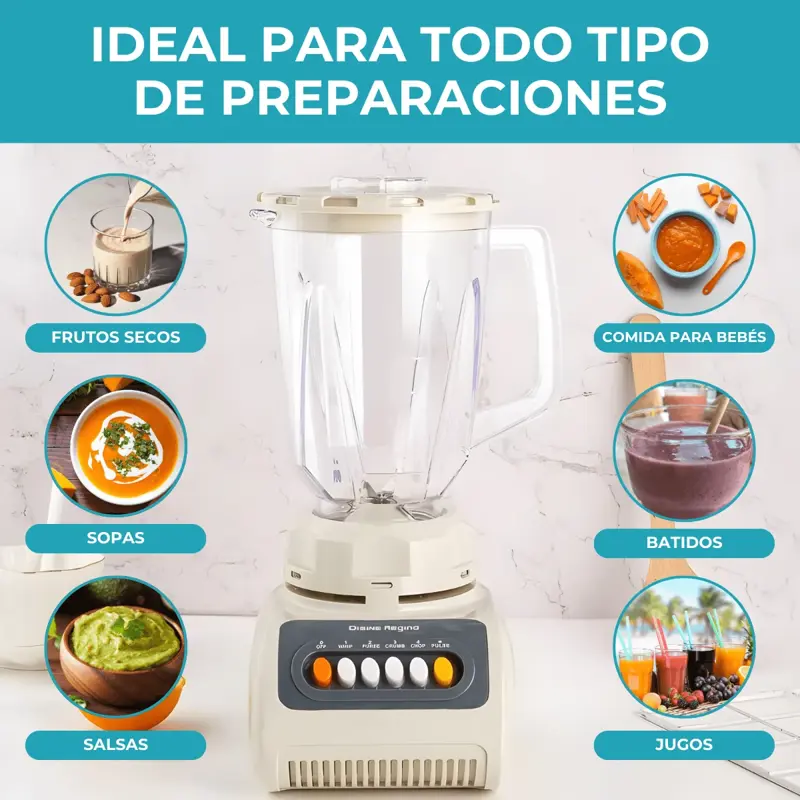 Licuadora y Procesadora 1.5L 500W 4 Velocidades Jarra Plástica