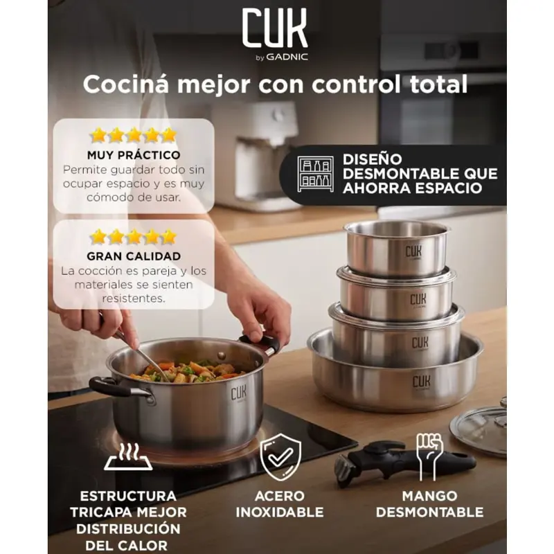Set De Ollas Gadnic Cocina Acero Inoxidable Tricapa Mango Desmontable