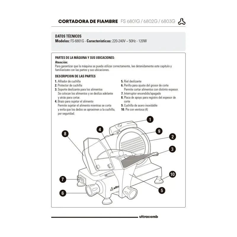 Cortadora De Fiambre Profesional Ultracomb Fs 6801g