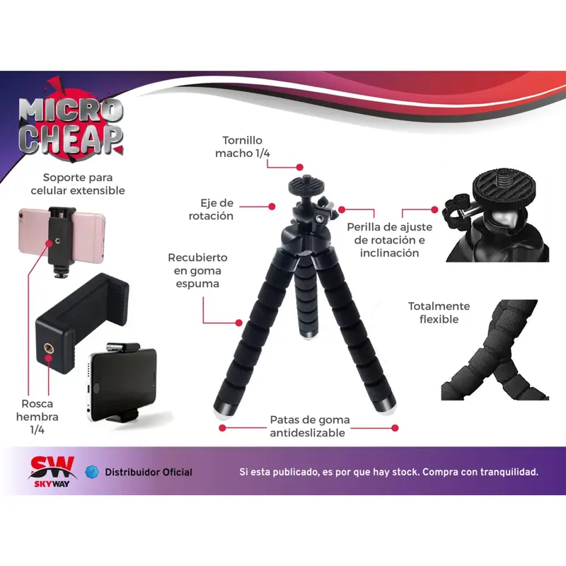 Tripode Araña 18cm Flexible con Rosca Universal Camara