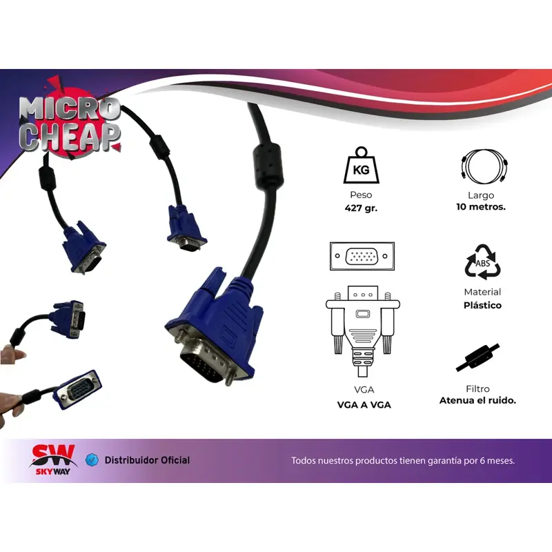CABLE VGA VGA 10 METROS PC MONITOR TV DOBLE FILTRO MACHO SKYWAY