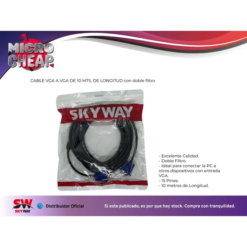 CABLE VGA VGA 10 METROS PC MONITOR TV DOBLE FILTRO MACHO SKYWAY