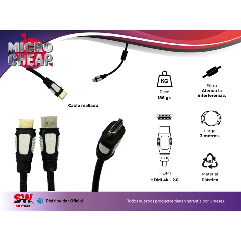 Cable HDMI a HDMI 4K 3D Mallado V2.0 3 Metros | Skyway