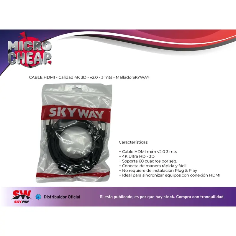 Cable HDMI a HDMI 4K 3D Mallado V2.0 3 Metros | Skyway