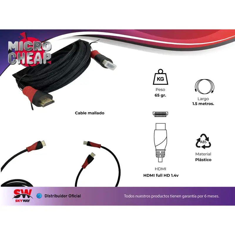 CABLE HDMI A HDMI MALLADO V1.4 FULL HD PS4 NOTEBOOK 1.50 MTS