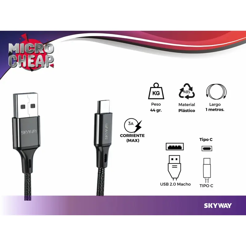 Cable Tipo C USB 3 Amper Mallado + FIchas Metalicas