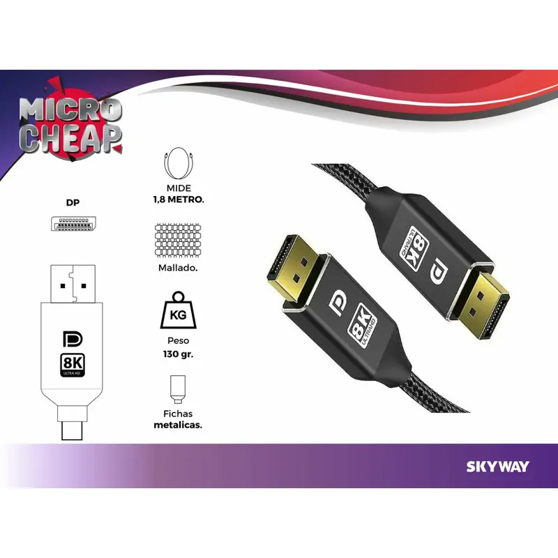 Cable de Displayport a Displayport 8k Mallado Premium 1,8 Mt