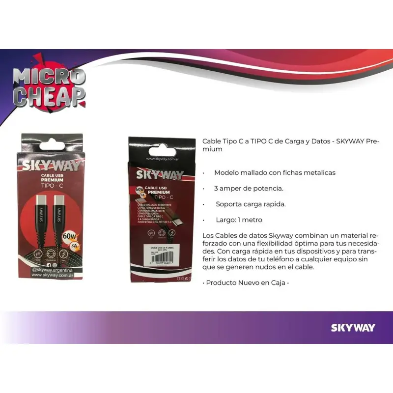 Cable Tipo C Tipo C | 3 Amper Mallado + Fichas Metalicas