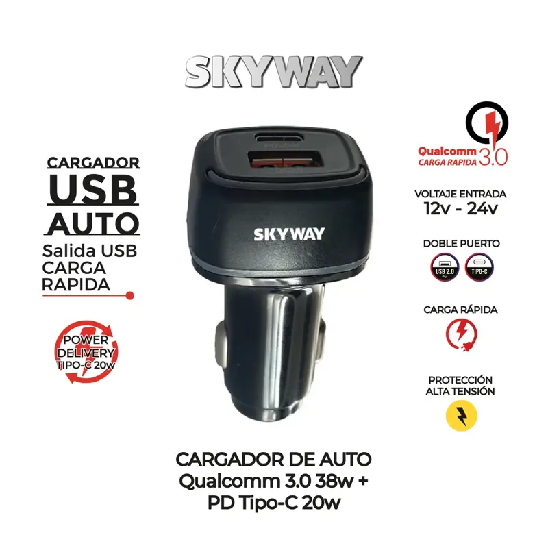 Cargador de Auto 2 Salidas ( USB C PD + Qc3.0) 40W