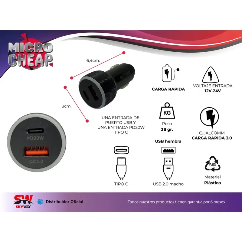 Cargador de Auto 2 Salidas (Usb Tipo C + Qualcomm 3.0)