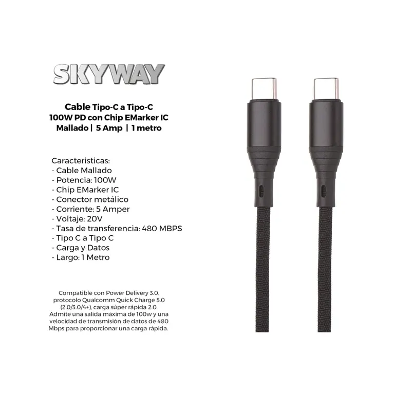 CABLE USB TIPO C A TIPO C 100W PD CHIP EMARKER IC 480MBPS NEGRO